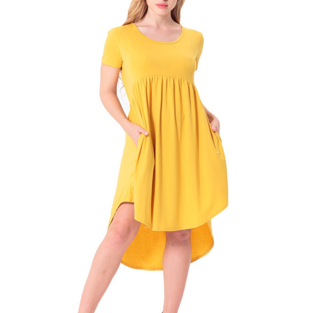 ENJOYNIGHT Women's Casual Summer Short Sleeve High Low Pleated Swing Loose Flared Midi Dress (Large, Yellow)