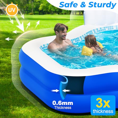 Inflatable Swimming Pool with Seat Pump, 121" X 90" X 22" Blow-Up Pool for Kids Adults Oversized Thickened Kiddie Pool Family Full Sized Inflatable Pools for Garden, Backyard, Outdoor Water Party