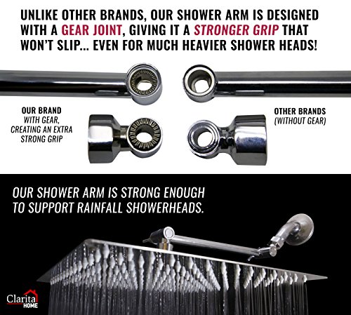 Adjustable Shower Arm Extension 10" Long - Stainless Steel Chrome Finish - The Only Arm Designed With a GEAR JOINT That Won't Slip! Our Long Shower Extender Pipe Can Hold A Rainfall Shower Head System - Thumbnail 2