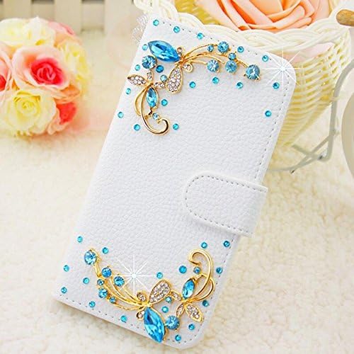 HTC One M8 Case ,Gorgeous Flowers Bling Crystal White PU Wallet Leather Case for HTC One M8