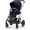 Cybex Balios S Lux Toddler and Baby Stroller with Reversible Seat, Unique One-Pull Harness, and Multiple Recline - Travel System Ready, with One Hand Fold, Silver Frame/Ocean Blue Seat