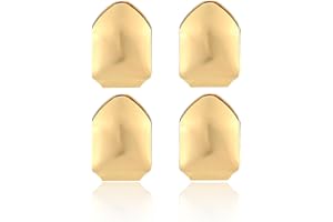 IS4U 4 Pieces Grillz Gold Grills for Your Teeth Fake Teeth 18K Gold Plated Grillz Mouth Teen Golden/Silver/Rose Golden/Black Tooth Grills Single Tooth Rock Hat Hip Hop Style Tooth Grills Hat Crown Party Rapper Vampire Halloween Jewelry for Men and Women
