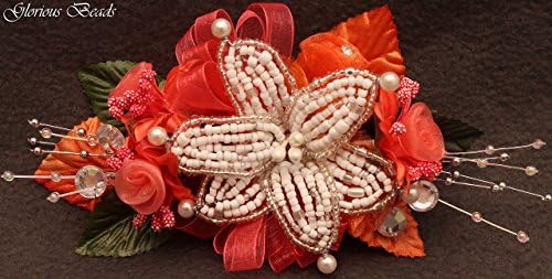 Coral and white BEADED lily wrist Corsage with roses, beads, and rhinestones. Also sold with matching boutonniere. Other colors offered in my Amazon store!