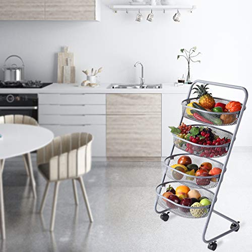 Buruis 4 Tier Utility Cart, Mesh Wire Rolling Cart Multifunction Storage Cart with Wheels for Bathroom/Kitchen/Living Room, Steel Wire Basket Shelving Trolley, Easy Assembly (Grey) - Thumbnail 5