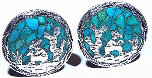 7.64g Southwest Turquoise Inlay Carved Vintage Handmade Sterling Silver Clip On Earrings Healing Antique Signed Artwork