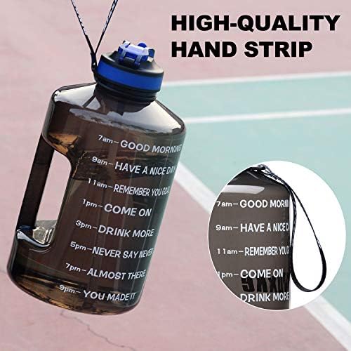 Reusable water bottle with time markers for tracking daily water intake, transparent with blue lid, labeled with motivational quotes and measurements.