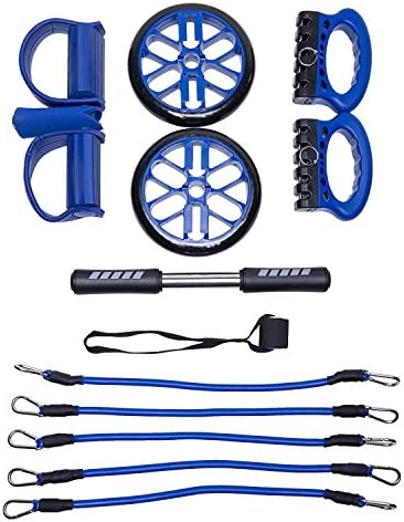 EXEFIT Exercise Resistance Bands,Ab Wheels,Chest Expander,Push Up Stand,Leg and Arm Trainer Fully Body Fitness Exercise Workouts 5 in 1 set.(BLUE)