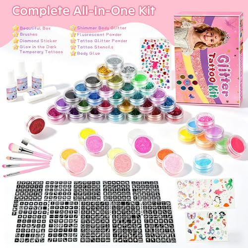 Children's Glitter Tattoo Set, 48 Colours, Glitter Tattoos, Girls, 540 Stencils, 115 Rhinestones, 5 Brushes, 4 Glues, Waterproof Temporary Tattoos for Children, Gift for Birthday, Party, Christmas