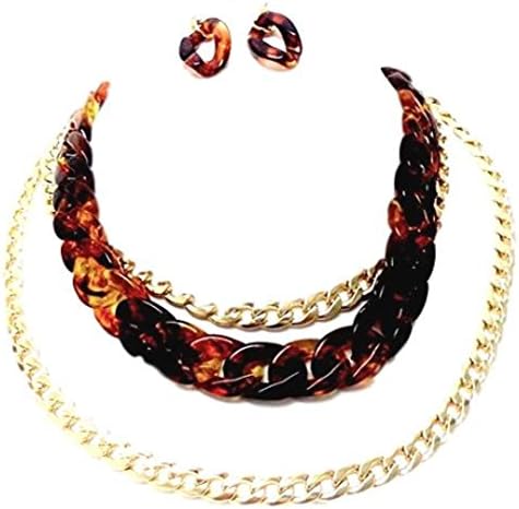 Chunky Leopard Print Multi Chain Necklace Earrings Set C57 Large Links Tortoise Shell Gold Tone