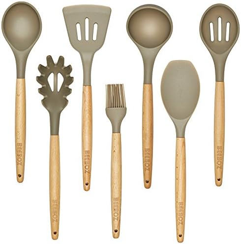 7 Pc. Beech wood and Silicone Kitchen Utensil Set, Grey, Eco-friendly, BPA free, Nonstick by BEEBOZ