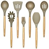 7 Pc. Beech wood and Silicone Kitchen Utensil Set, Grey, Eco-friendly, BPA free, Nonstick by BEEBOZ