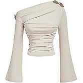 OYOANGLE Women Sexy Off The Shoulder Long Sleeve Shirts Ruched Asymmetrical Y2k Going Out Top