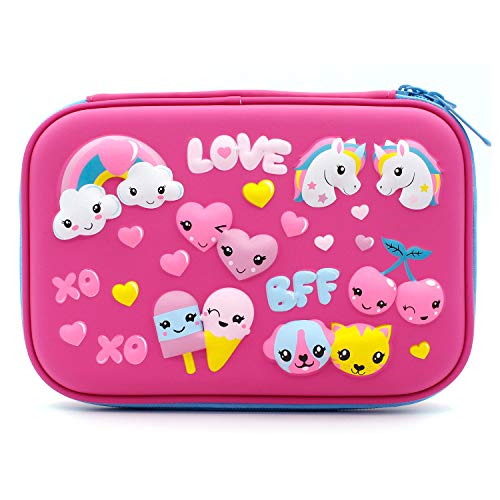 Cute Unicorn Love Embossed Hardtop Pencil Case - Girls School Supply Stationery Organizer - Large Capacity Kids Pen Box Pouch Bag with Compartment (Hot Pink)