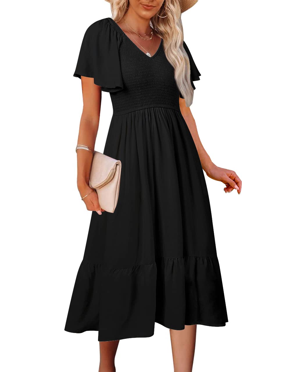 Photo 1 of MEROKEETY Women's Summer Casual V Neck Ruffle Sleeve Smocked High Waist Midi Dress with Pockets, Black, XXL
