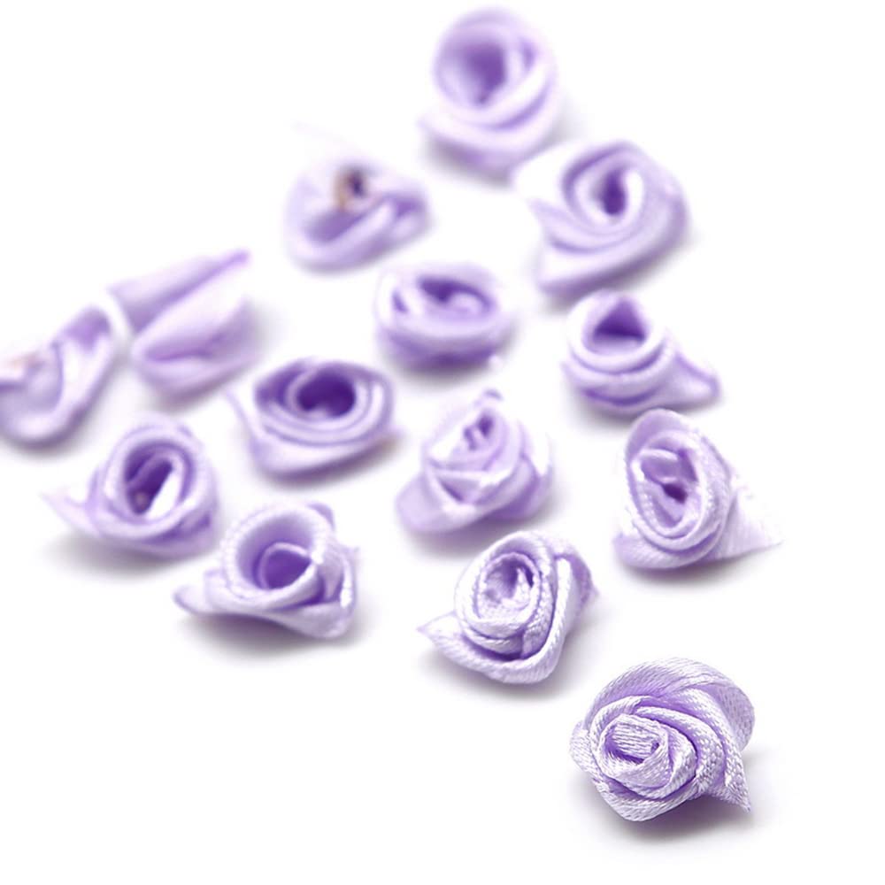 Pack of 100 Roses 2.5cm Small Artificial Flowers Rose Heads Satin Roses Sew On Flowers Appliques for Crafts Patches Decorative Rosesmini Fabric Roses DIY Accessories Wedding Decoration Light Purple