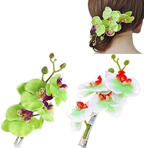 ETSYG Graceful Hair Flowers - Hawaiian Orchid Flower Hair Clips (Pack of 2: White and Green)