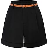 Belle Poque Women Bermuda Shorts Elastic Waist Wide Leg Shorts with Pockets & Belts