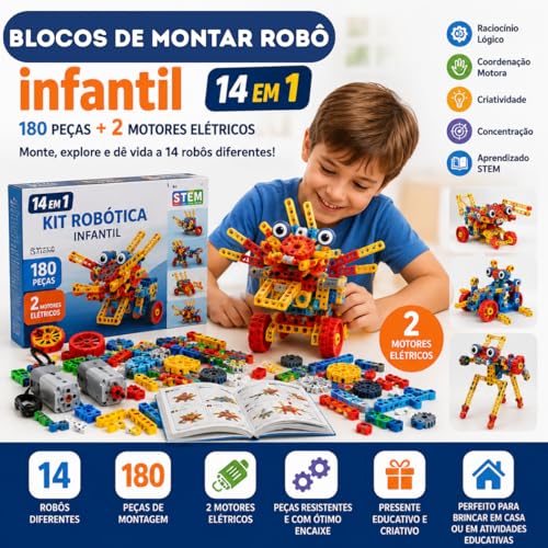 Blocos de Montar Robô Infantil 180 Peças com 2 Motores Elétricos, Kit Educativo de Construção e Engenharia, Brinquedo Criativo para Meninos e Meninas, Raciocínio Lógico, +3 Anos