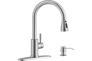 APPASO Stainless Steel Kitchen Faucet with Soap Dispenser, Pull Down Sprayer 3 Modes, Brushed Nickel High Arc Single Handle Gooseneck Faucets for 1 to 4 Holes Sink, Farmhouse, RV, Bar, Laundry