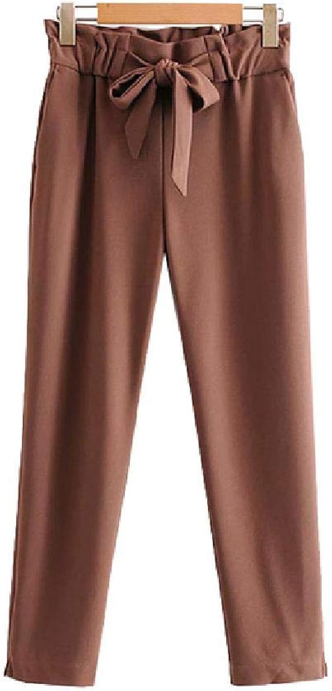 U/A Office Wear High Waisted Paperbag Pants Women Drawstring Tie