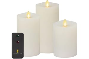 Luminara Realistic Artificial Moving Flame Pillar Candles - Set of 3 - Melted Top Edge, LED Battery Operated Lights - Unscented - Remote Included- 3" x 4.5", 3" x 5.5", 3" x 6.5" (White)