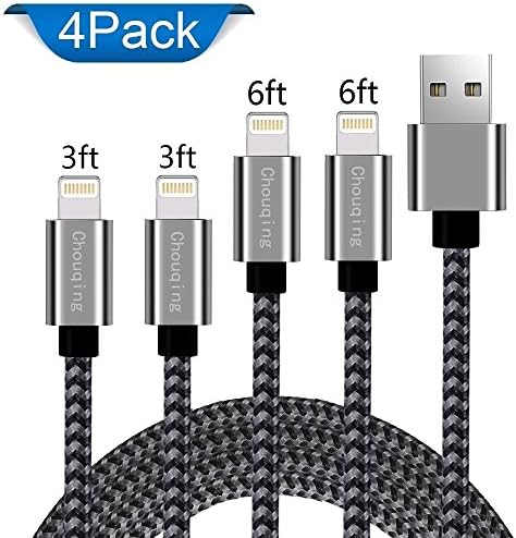 Lightning Cable,Chouqing iPhone Charger 4 Pack 3FT 6FT to USB Charger Cord Nylon Braided Charging Cable for iPhone X 8 8Plus 7 7Plus 6s 6sPlus 6 6Plus SE 5 5s 5c iPad iPod &amp; More (Black Gray)