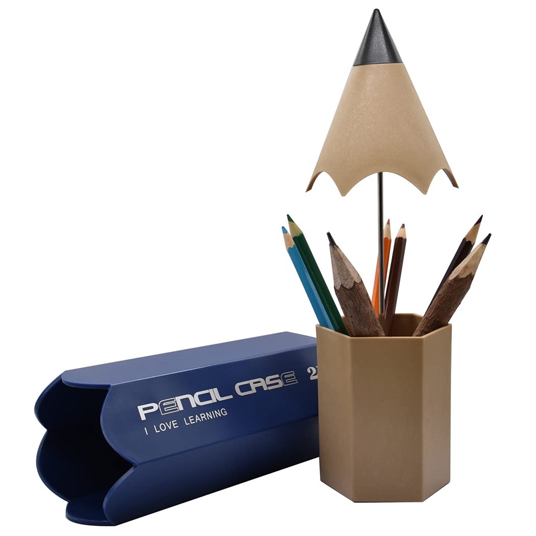 Hoshen Large-Capacity Two-In-One Pencil Shape Pen Holder, Desktop Stationery Storage Pen Holder, Eye Shadow Brush and Eyebrow Pencil Storage Bin, Makeup Brush Storage Bin，Dark Blue