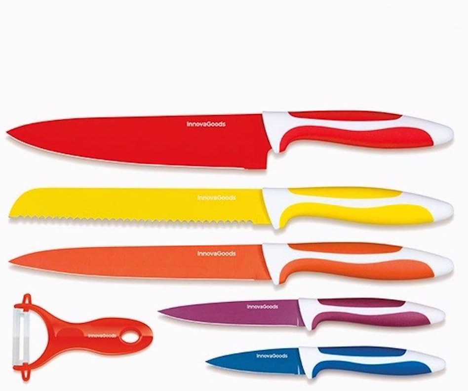 Appetitissime Swiss Q stainless steel coated multicoloured knives, 37.5, 3.5, 25cm, 6 items.
