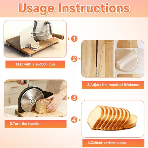 Manual Bread Slicer for Homemade Sourdough, Adjustable Thickness and Foldable Base, Stainless Steel Serrated Blade, with Engraved Scale Line Bread Guide Hand Crank Bread Cutter