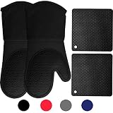 Homwe Silicone Oven Mitts and Potholders (4-Piece Sets), Kitchen Counter Safe Trivet Mats | Advanced Heat Resistant Oven Mitt, Non-Slip Textured Grip Pot Holders(Black)