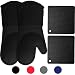Homwe Silicone Oven Mitts and Potholders (4-Piece Sets), Kitchen Counter Safe Trivet Mats | Advanced Heat Resistant Oven Mitt, Non-Slip Textured Grip Pot Holders(Black)