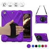 BRAECN iPad Mini Case,iPad Mini 2 360 Degree[Heavy Duty] Swivel Stand/Hand Strap and a Shoulder Strap Case,iPad Mini 3[Shock Proof][Three Layer] Rugged Hybrid Protective with Kickstand Case (Purple)