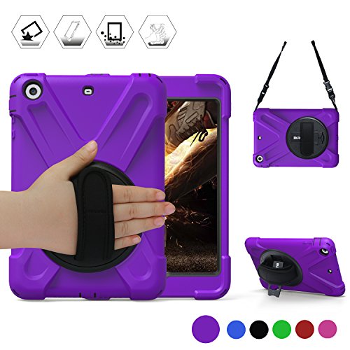 BRAECN iPad Mini Case,iPad Mini 2 360 Degree[Heavy Duty] Swivel Stand/Hand Strap and a Shoulder Strap Case,iPad Mini 3[Shock Proof][Three Layer] Rugged Hybrid Protective with Kickstand Case (Purple)