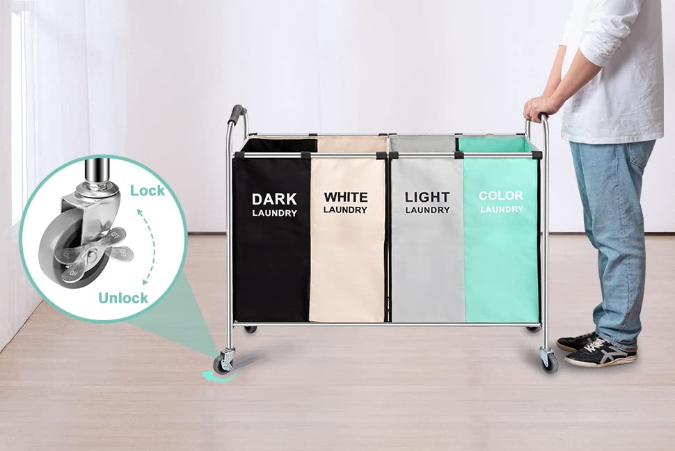 Laundry Basket, Large Laundry Hamper with Wheels, 4 Section Laundry Bag for Dirty Clothes, Towel Organizer & Toys Storage Cart in Laundry Room Organization (4- section Green)