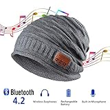 Pococina Upgraded 4.2 Bluetooth Beanie Music Hat Winter Knit Hat Cap Wireless Headphone Musical Speaker Beanie Hat as Christmas Birthday Gifts for Men Women Teen Girls Boys, Built-in Mic - 012 Gray
