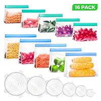 16 Pack Reusable Silicon Food Storage Bags & Silicone Stretch Lids, LARMHOI Reusable Snack Sandwich Bags, Eco-friendly Leakproof Stand-UP Reusable Freezer Bags for Lunch, Fruits, Vegetables, Leftov