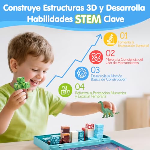 hahaland Bloques Magneticos Construccion Niños 52 Piezas, Cubos Magneticos con Temática de Bosque y Dinosaurios - Juguetes de Viaje Magnetic Blocks Construcciones Magneticas Niños para de 3 4 5 6 Años