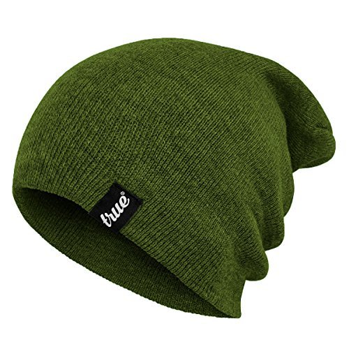 TRUE VISION Mens Army Green Beanie Hat - Wear as Slouch or Turn Cuff For Traditional Beanie Style - Soft & Comfortable One Size Fit - Winter Warm Knitted Acrylic - Unisex - Suitable For Men & Women