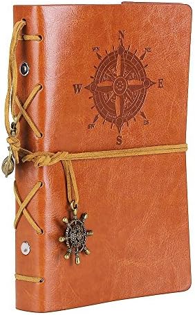 Vintage Refillable Journey Diary, Art Premium PU Leather Classic Embossed Travel Journal Notebook with Retro Pendants (Brown)