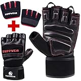 SUPPWEAR Weight Lifting Gloves Men's - Gym Gloves Men for Fitness Exercises Cross Fit Training & Bodybuilding with Wrist Support & Anti-Callus Gel Pads & Extra Bonus Gripper Workout Gloves