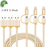 INN LIFE LIGHTNING-MICRO-1  2-in-1 Lightning and Micro USB Cable, 3' Nylon Braided High Speed Sync and Charging Cable Cord Compatible with iPhone 7/7Plus/6s plus/6s, iPad, etc., Golden, 3 Piece