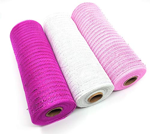 Valentine's Day Pretty Pinks 10" Wide, 10 Yard Decorative Mesh Rolls (Fuchsia, White, Pink) for Crafting Wire Wreaths