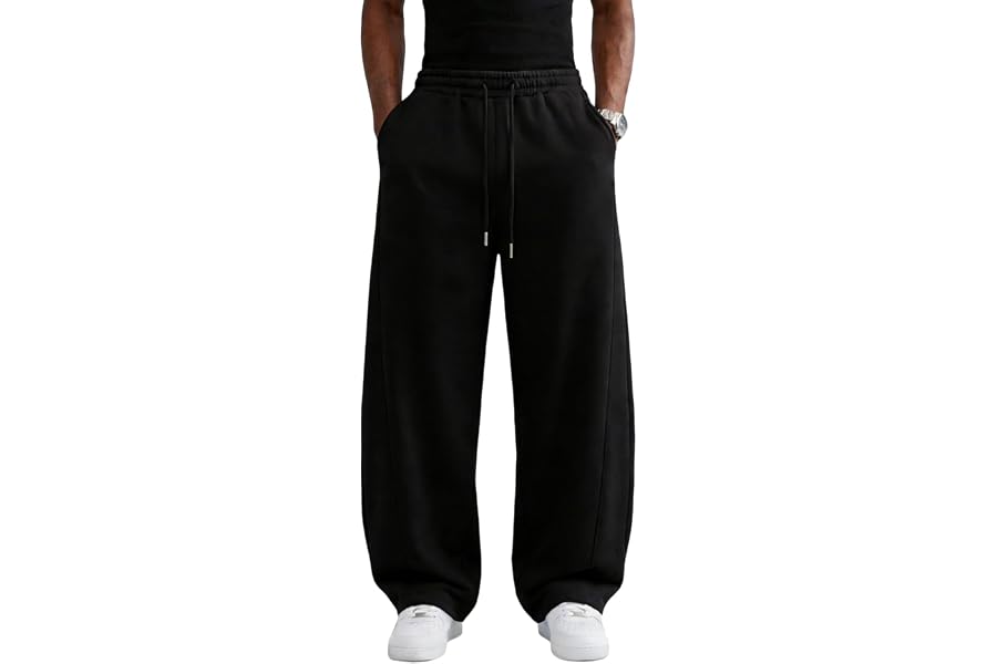 Wangdo Men's Baggy Sweatpants Wide Leg Lounge Cotton Casual Jogging Pants | High waist drawstring,2 Deep pockets,Open bottom,