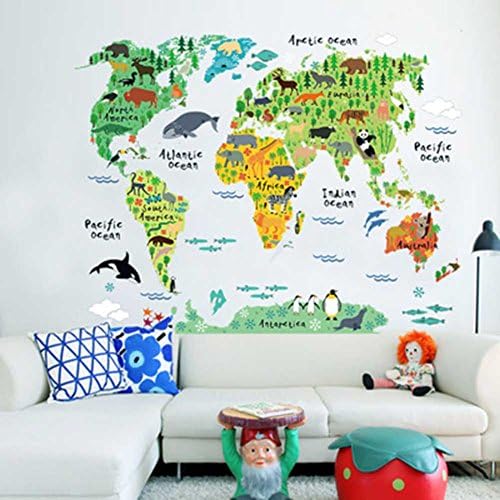 Fingertip Large Kids Educational Animal/Famous Building World Map Peel &amp; Stick Wall Decals Stickers Home Decor Art