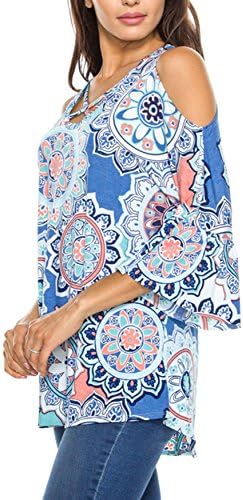 YILE SHU Women Casual Floral Print 3/4 Sleeve Cold Shoulder Crisscross Front V Neck T Shirt Blouses Tops (XL, Geometric)