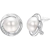 Yoursfs Round White Pearl Stud Earrings for Women Dainty Hypoallergenic Spiral Earrings Cubic Zirconia Jewelry