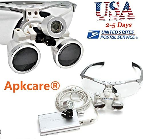 Apkcare® Portable Ultra Light Weight Dental Glasses Binocular Loupes Magnifier Zoom 3.5x420 + LED Head Light Lamp for Dental Surgical Medical Binocular Loupes (Silver)