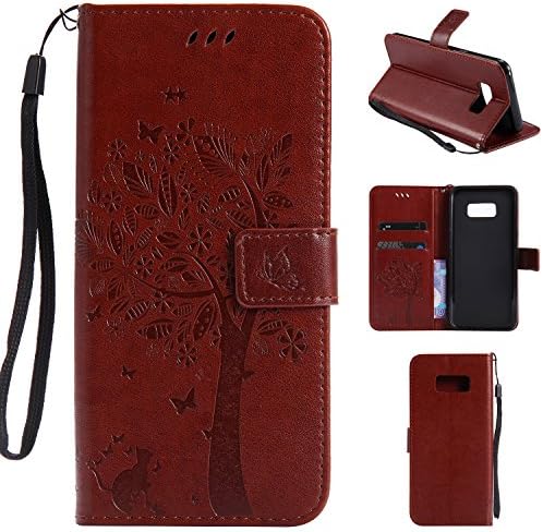 Galaxy S8 Wallet Case -MOONESS Embossing Fashion Floral Countryside PU Leather Case,Magnetic Flip Kickstand Cover Card Holders &amp; Hand Strap for Samsung Galaxy S8(Coffee)