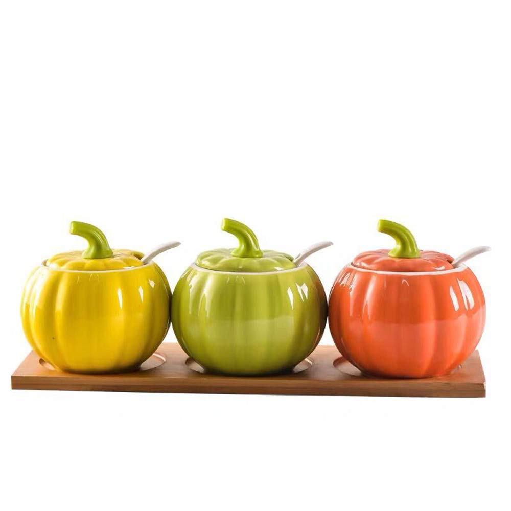 YBK Tech Cute Pumpkin Candy Jar Ceramic Sugar Bowl for Coffee Tasting (3 Assorted Colour+ Wood Supporter)