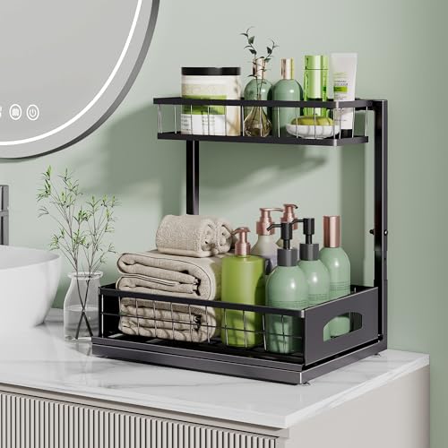 Fabutier Under Sink Organizer, 2 Pack Cabinet Organizer for Kitchen, Height Adjustable Pull Out Heavy Duty 2 Tier Metal Under Sink Storage for Bathroom Pantry (Black, 2 Pack)
